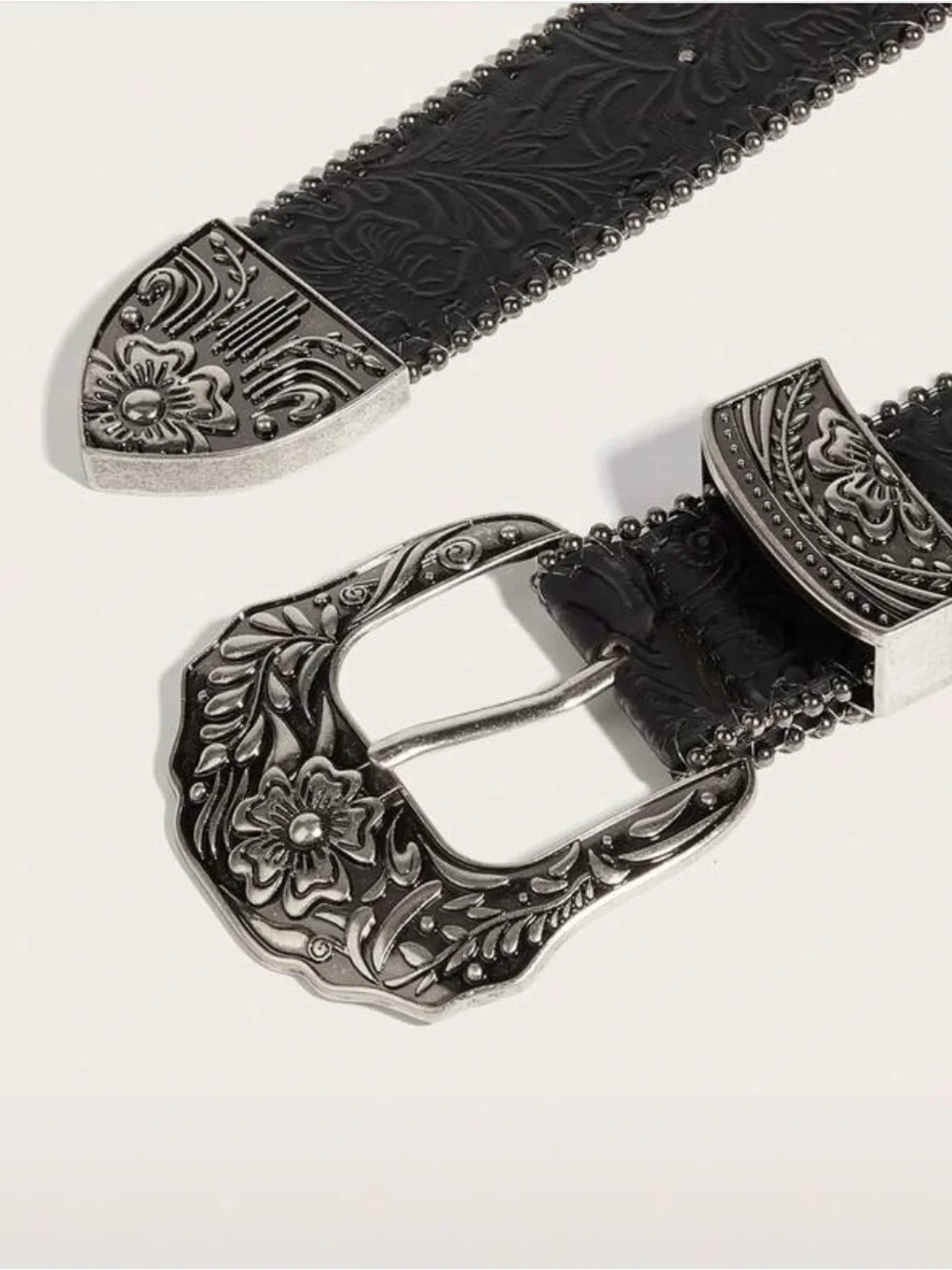 Black Western Faux Leather Belt with Floral Silver Buckle Detail